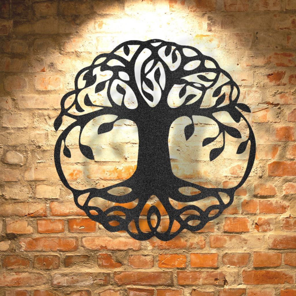 A durable steel sign depicting the classic Tree of Life, featuring custom handmade designs, hanging on a brick wall.