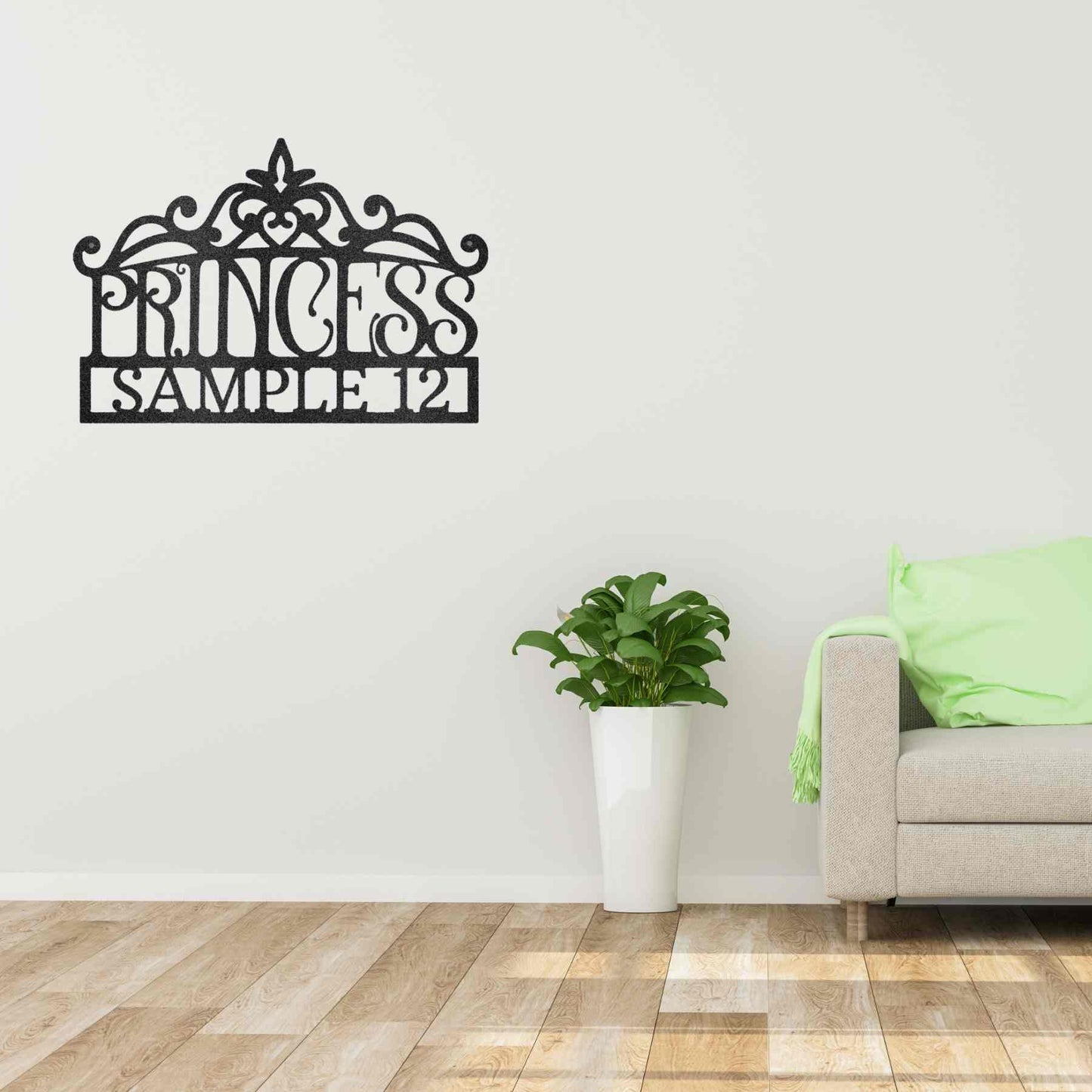 A personalized metal sign featuring the product name Princess Crown Monogram.