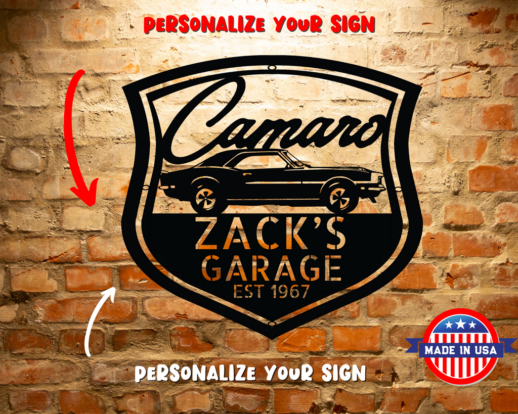 A personalized custom steel sign featuring a vintage Chevrolet Camaro 1968, displayed on a brick wall.