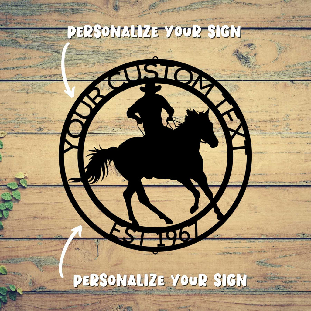 A CUSTOM COWBOY SIGN - Personalize Cowboy Monogram Steel Sign Home Décor with a cowboy riding a horse, elegant metal family wall art.