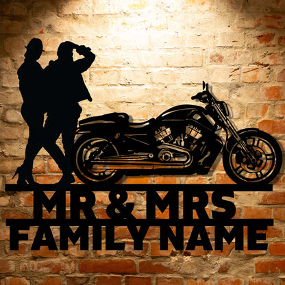 Elegant metal family wall art set with personalized Harley-Davidson couple name sign.