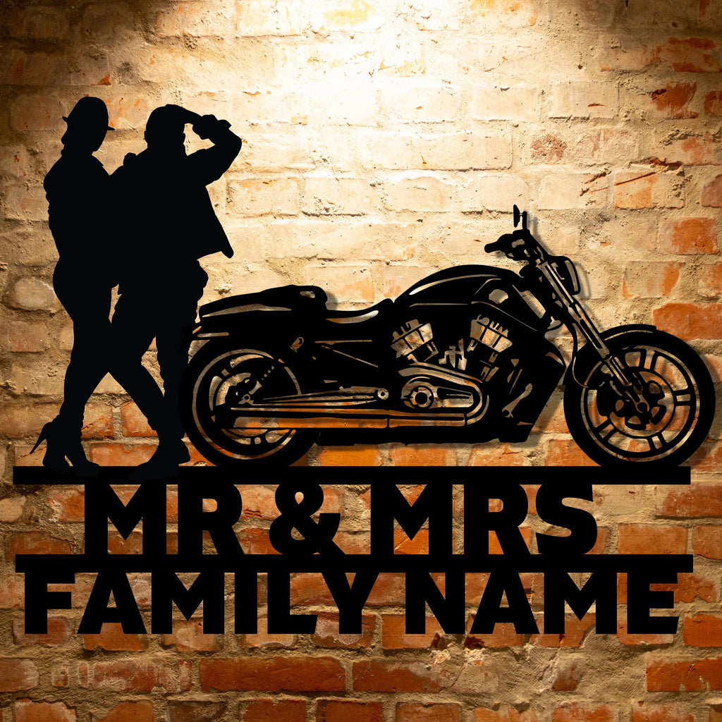 Elegant metal family wall art set with personalized Harley-Davidson couple name sign.