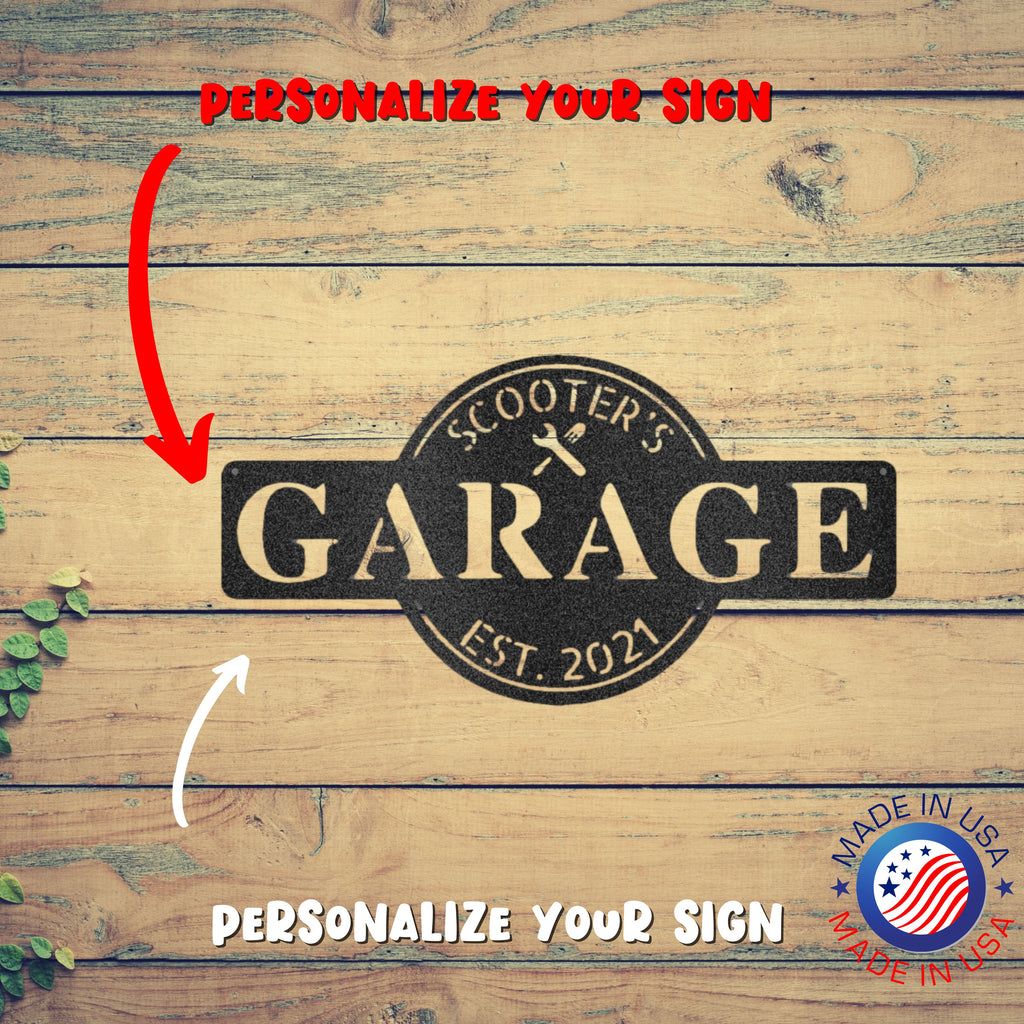 A personalized Steel Monogram Garage Decor sign with an arrow pointing to it.