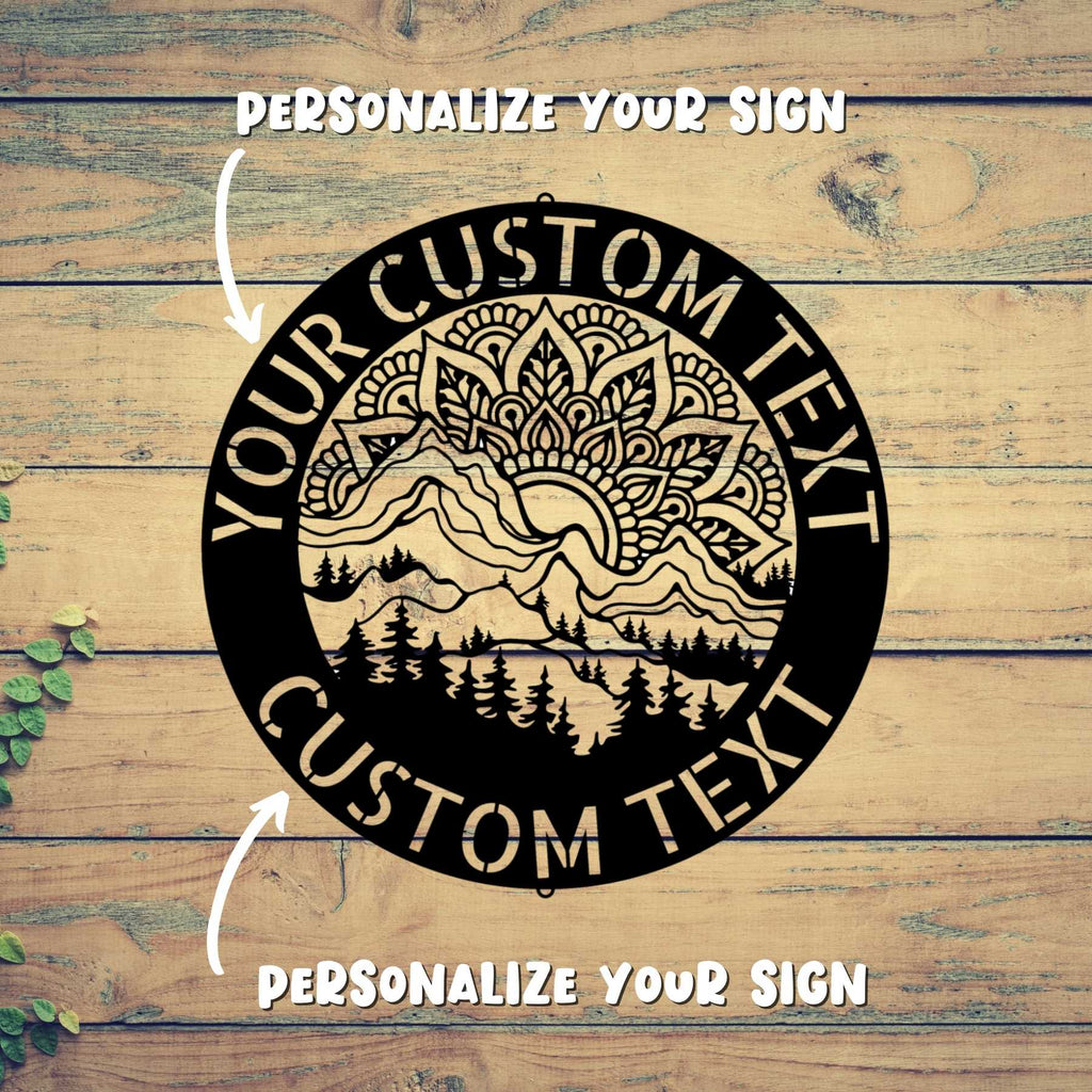 A personalized wooden sign featuring a mandala sunset for custom family name customization.