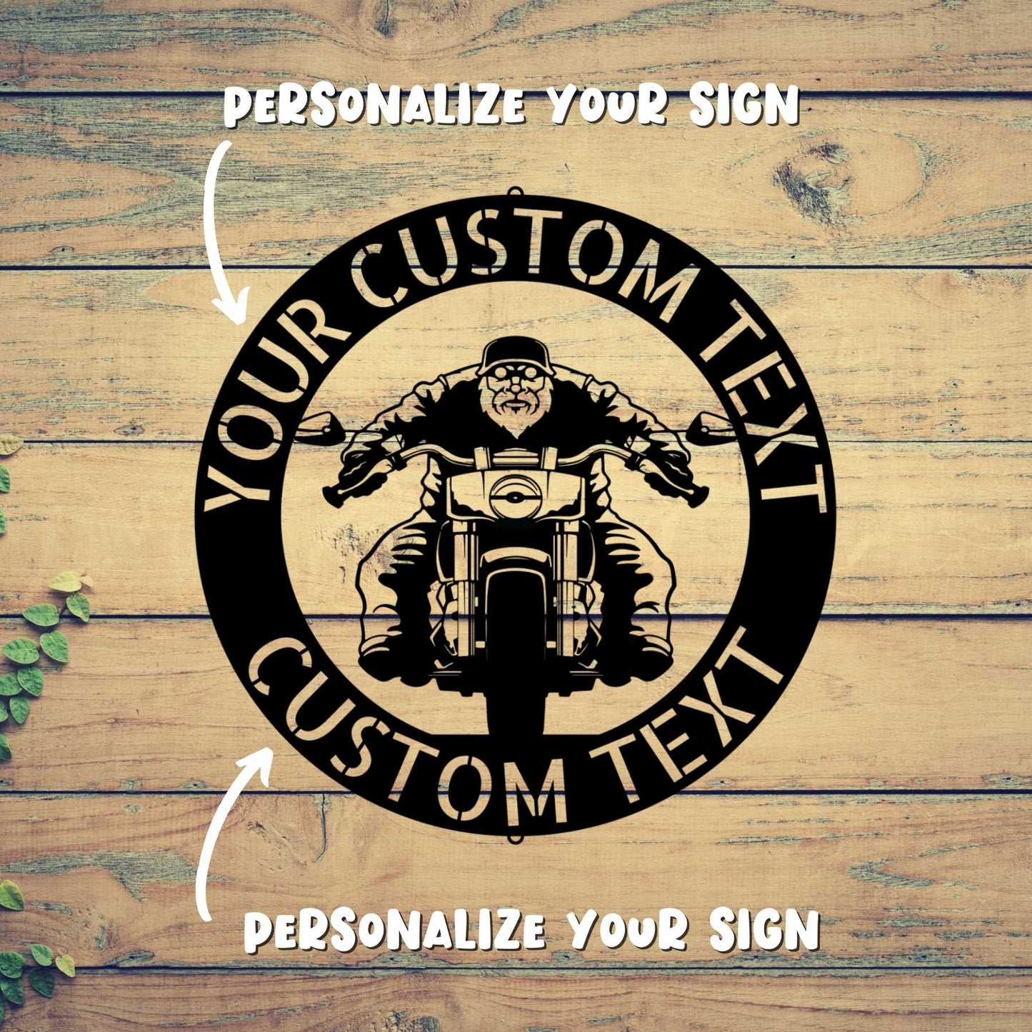 A personalized wooden sign with a picture of a motorcycle, perfect for retro garage sign decor.