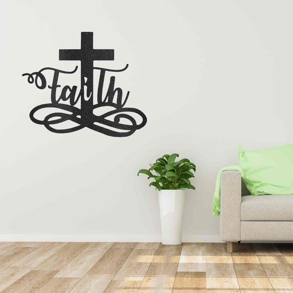 A durable steel sign featuring a faith cross design, mounted on a brick wall.