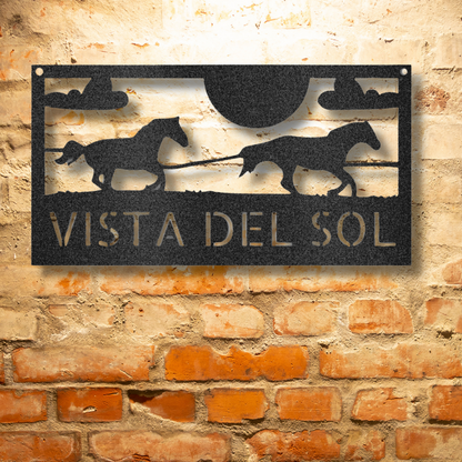 A Personalized Steel Monogram - Durable Outdoor Metal Sign featuring a Racing Horses design, displayed on a brick wall.