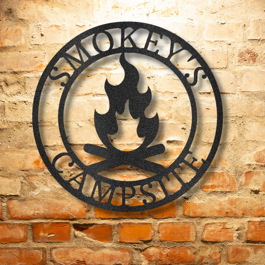 Smokey's Campfire Monogram - Metal Family Wall Art on a brick wall.