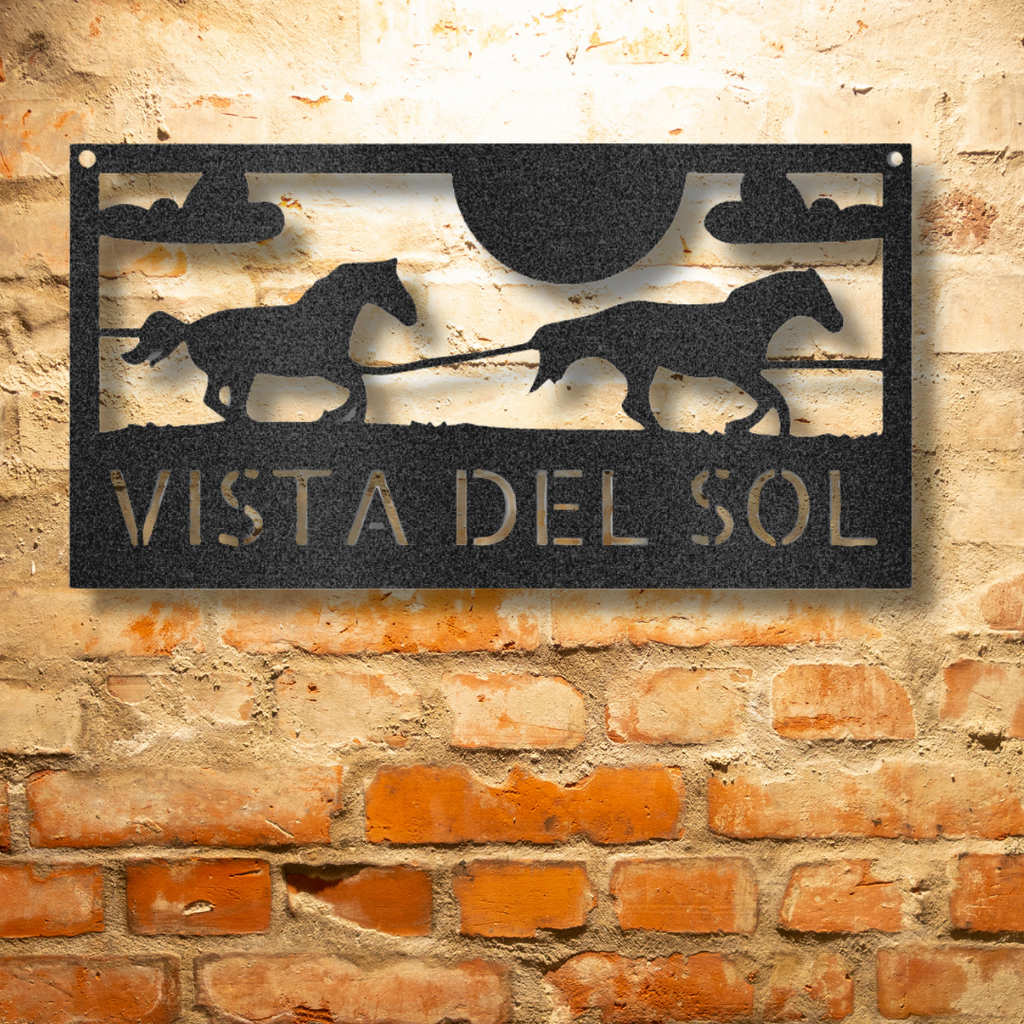 A Personalized Steel Monogram - Durable Outdoor Metal Sign featuring a Racing Horses design, displayed on a brick wall.