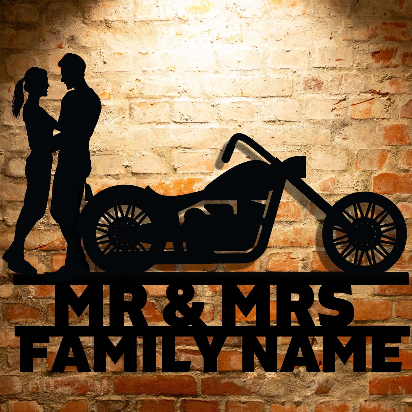 Elegant Mr&Mrs Harley-Davidson couple silhouette on a brick wall.