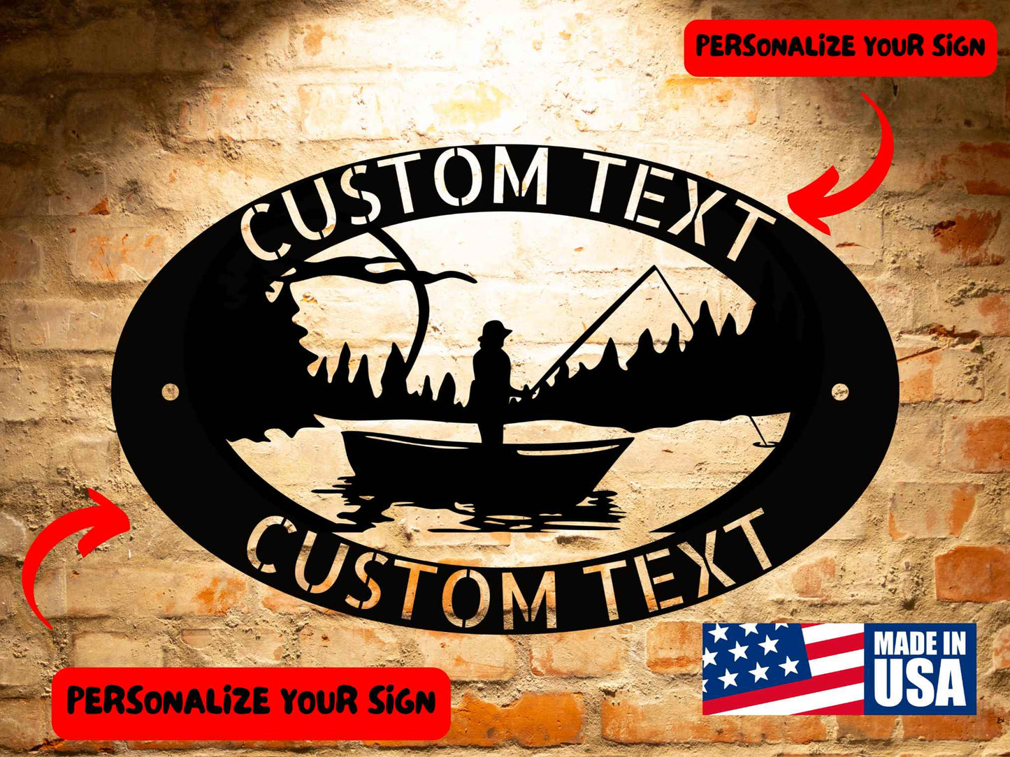 The CUSTOM FISHING SIGN - Personalized Fishing in the Boat Steel Monogram, made from 18-gauge steel, depicts a fisherman in a boat surrounded by trees and mountains. Ideal for home decor, this sign includes customizable text areas and features a proudly displayed "Made in USA" label in the corner.