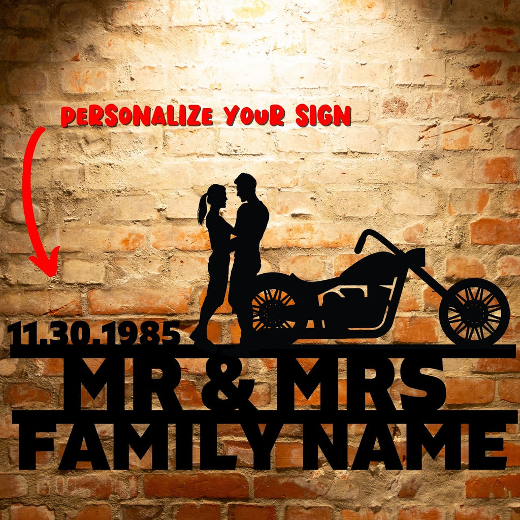 Personalized Mr&Mrs ANNIVERSARY Harley-Davidson couple Set 05 family name sign - Unique Metal Art Gifts.