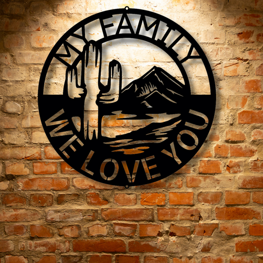 A Personalized Metal Family Wall Art, adorned with a monogram, displayed on a brick wall.