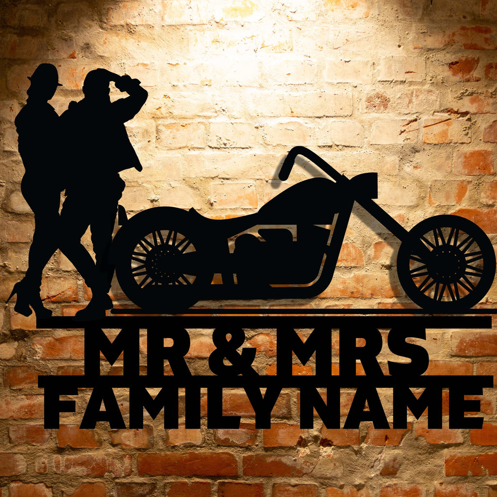 A brick wall sign advertising the elegant Mr&Mrs Harley-Davidson couple SET6.