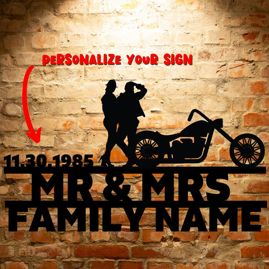 Customize your metal wall art decor with a personalized steel monogram of Mr&Mrs ANNIVERSARY Harley-Davidson couple Set 06 family name sign.