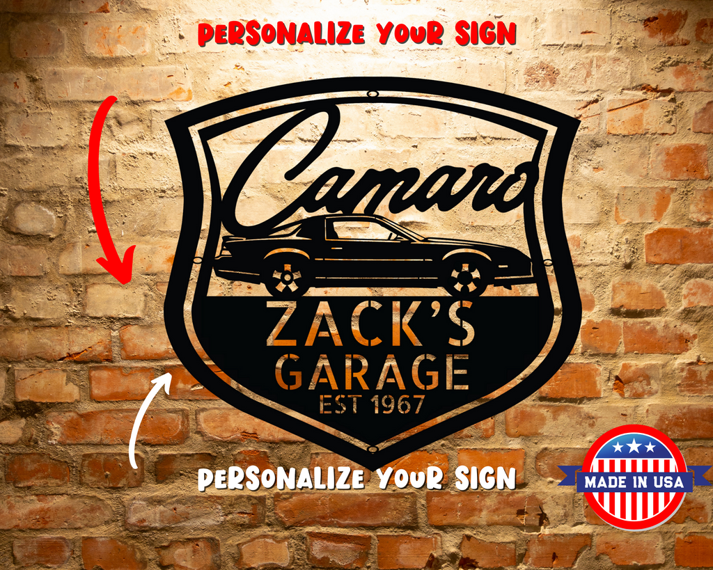 A personalized custom garage sign featuring a vintage Chevrolet Camaro 1982 logo on a steel metal background, displayed on a brick wall.