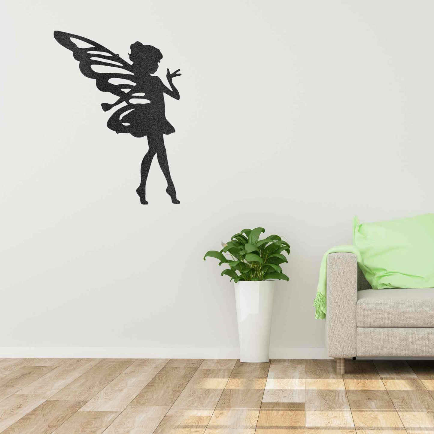 A Unique Metal Art Gift: A Sassy Pixie - Steel Sign silhouetted against a brick wall.