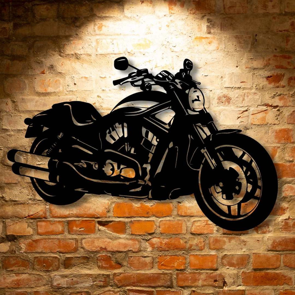 A Harley-Davidson Night Rod Special Motorcycle Steel Monogram on a brick wall with mechanic metal wall art.