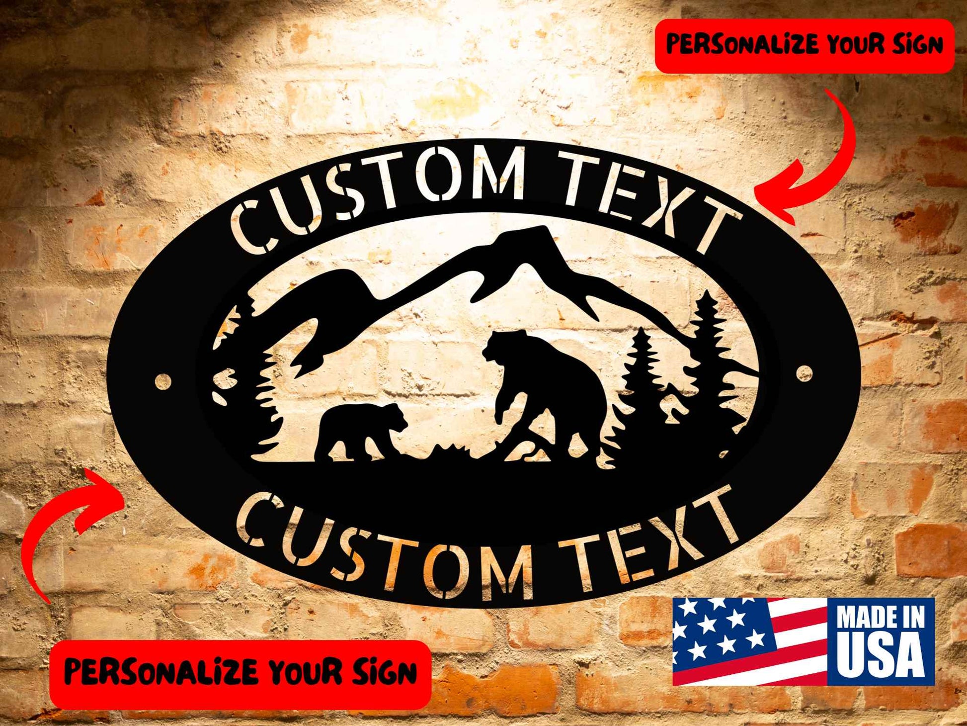 Crafted from durable 18-gauge steel, the CUSTOM BEAR SIGN features mountain and bear silhouettes with labels for personalized text. Arrows indicate where customization is available, and it has a powder-coated finish for long-lasting quality. The bottom right displays a "Made in USA" logo proudly.