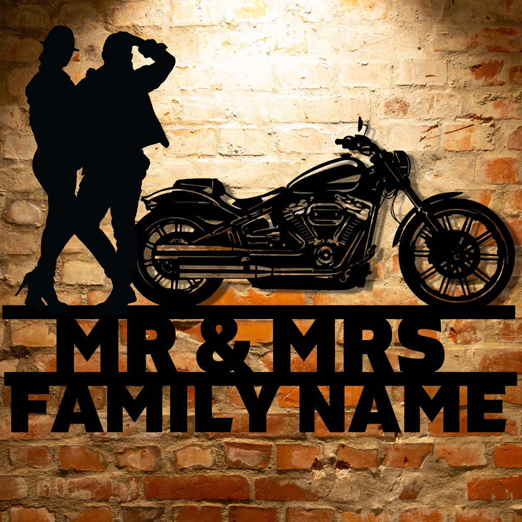 A personalized metal family wall art sign advertising the Mr&Mrs Harley-Davidson couple SET 8.