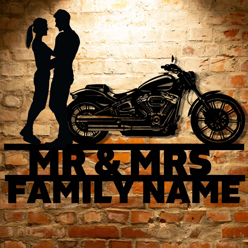Harley-Davidson couple family name sign: Custom metal monogram decor.