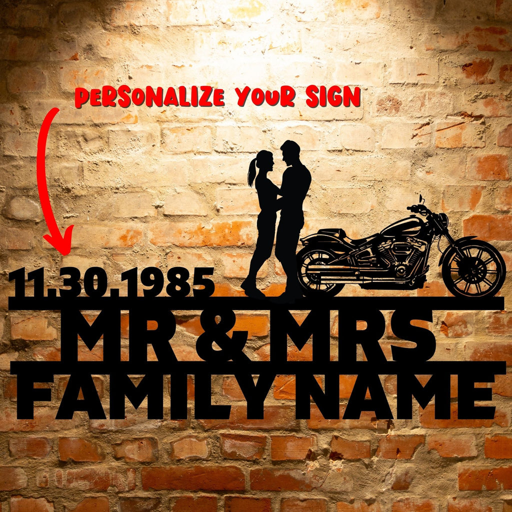 Personalized Harley-Davidson couple Set with durable outdoor metal signs and personalized steel monogram.