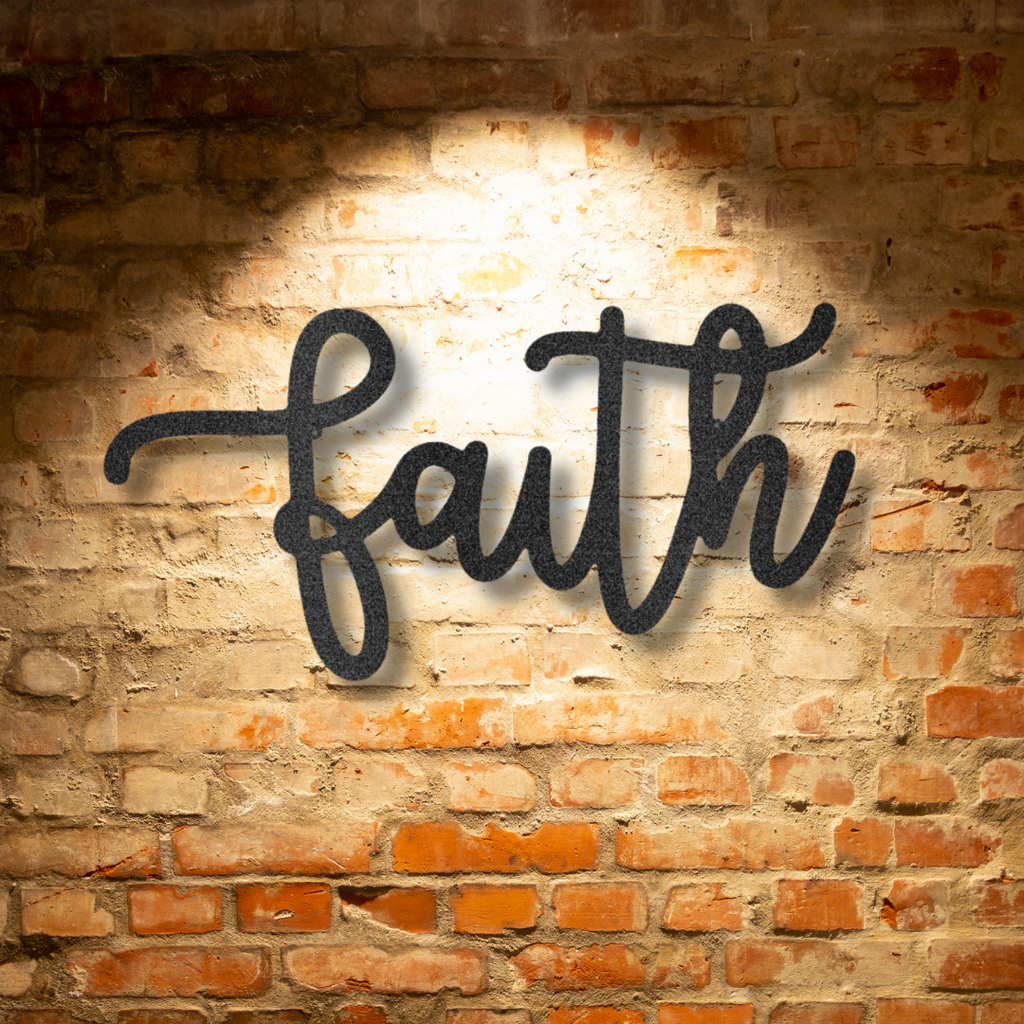 The Faith Script - Personalized Steel Sign on a brick wall.