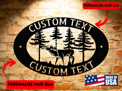 The CUSTOM DEER SIGN - Personalized Deer Sign Family Name Sign Home Decor is crafted from 18-gauge steel and showcases a detailed cut-out design with pine trees and a deer, perfect for enhancing your interior decor with a rustic feel. This sign includes an area for custom text, complete with arrows indicating where personalization can be added. A "Made in USA" label is prominently featured in the corner against the brick wall backdrop.