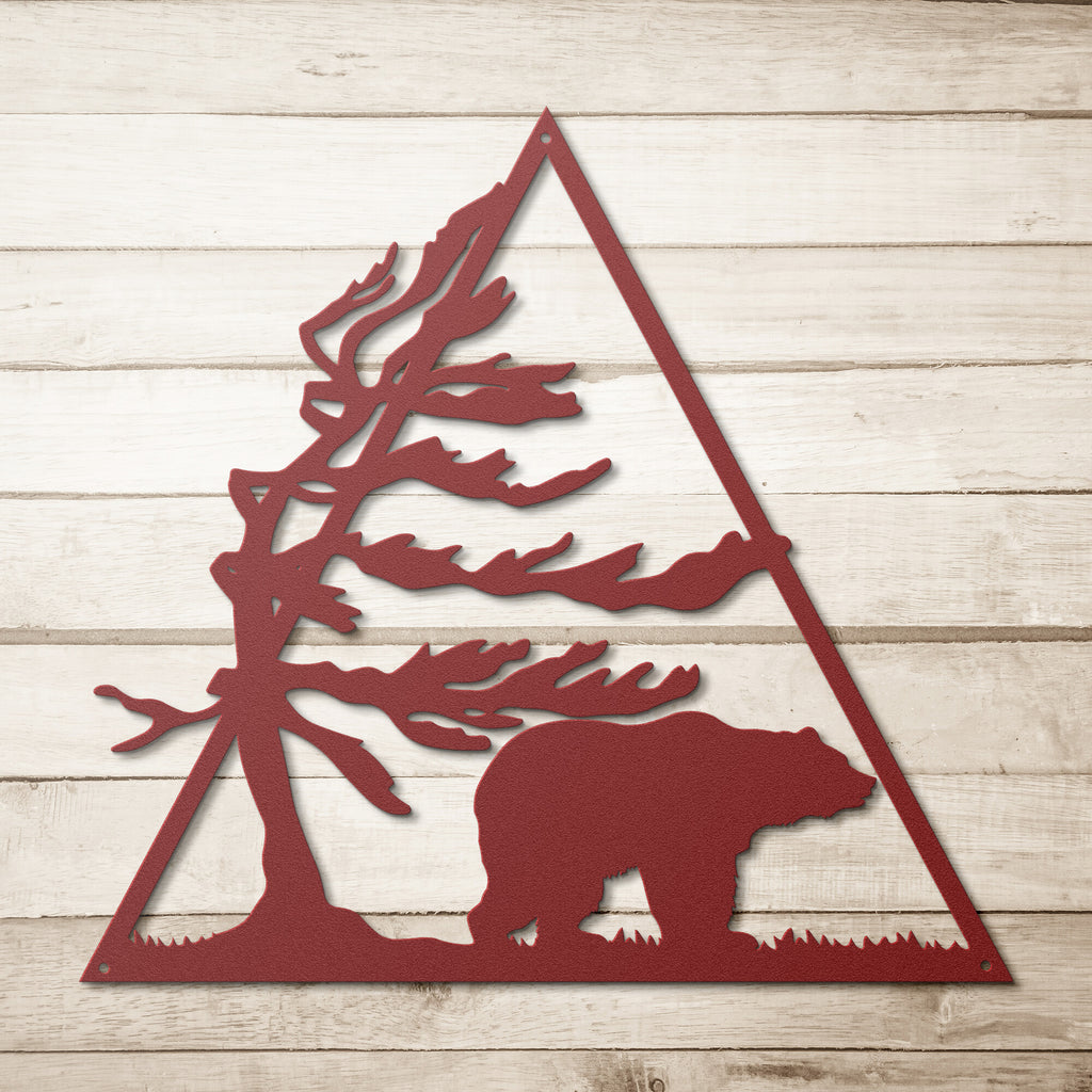 A durable red triangle with a BEAR STEEL SIGN - Personalized A Wandering Bear Monogram Wall Art and tree on it, perfect as a unique metal art gift.