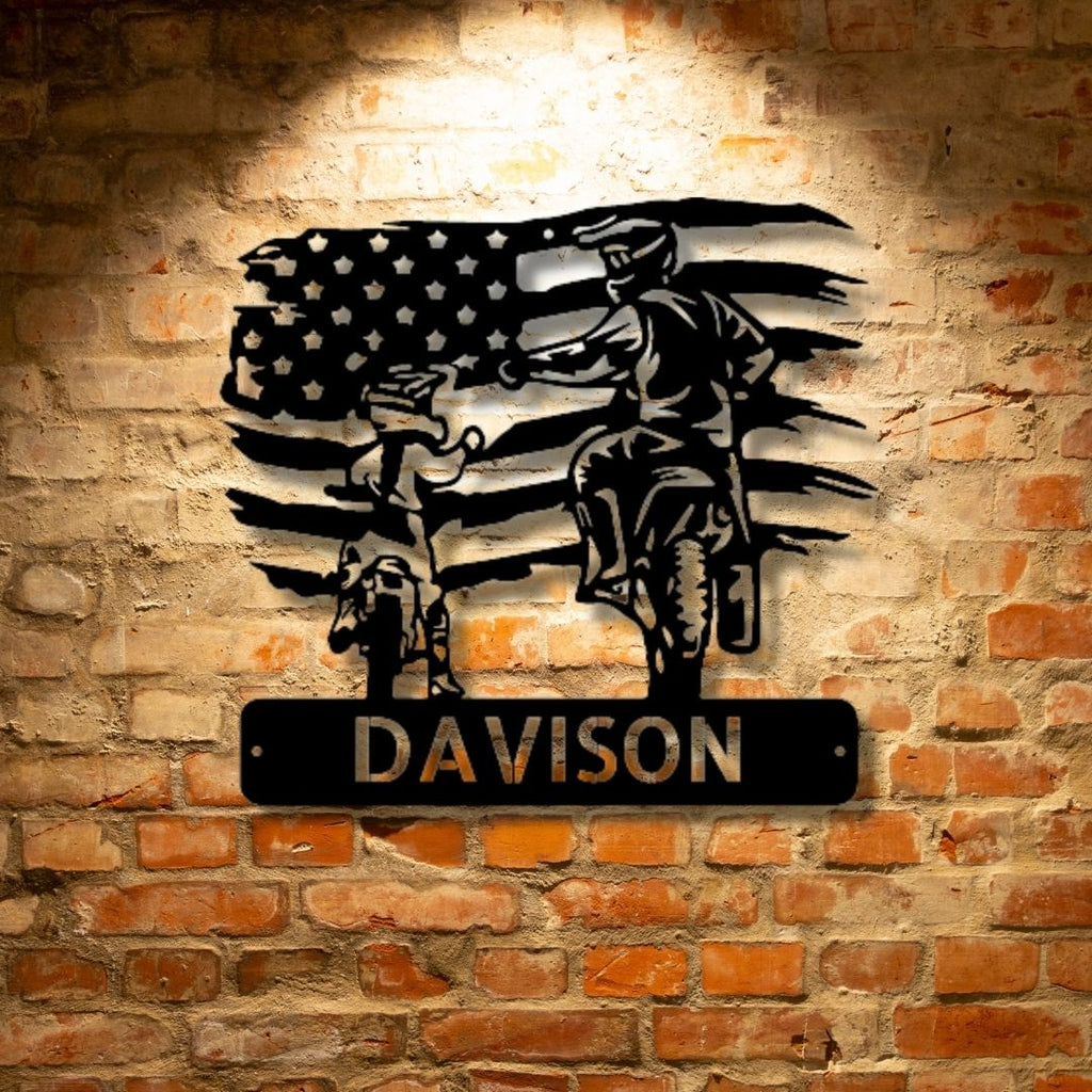 A Custom Handmade Personalized American Motocross Family Monogram - Steel Sign with the name davidson and an american flag.