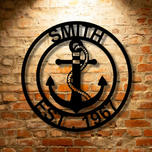 A Unique Personalized Anchor Family Name - Steel Sign with the name Smith on it, displayed on a brick wall.