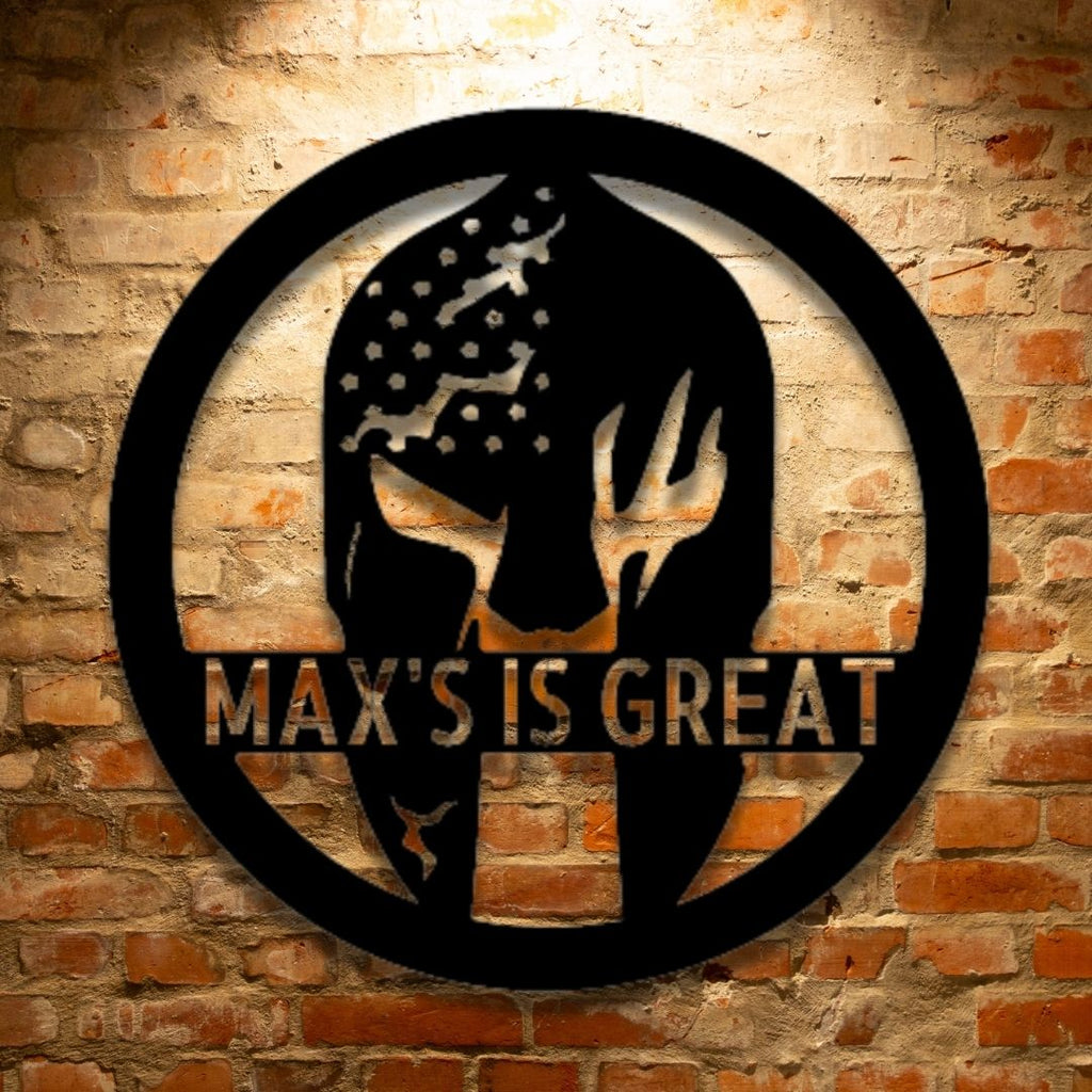 Max is great PERSONALIZED Battle Spartan Helmet - Steel sign that would make a unique metal art gift.