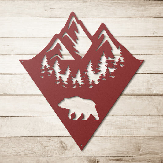 A custom handmade red triangle with a personalized family sign and unique metal art gift featuring a bear, trees, and mountains.