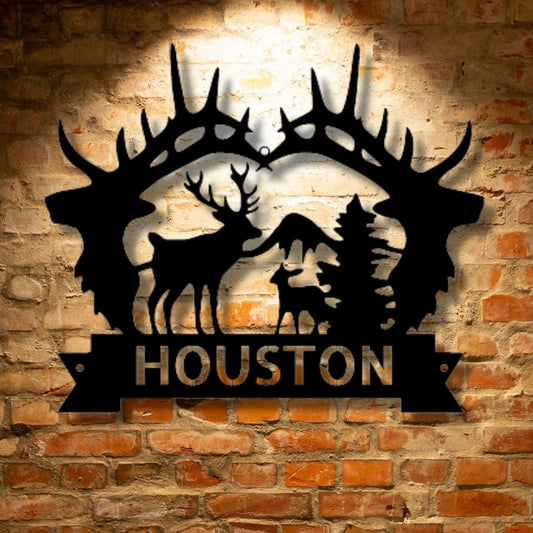 Houston PERSONALIZED Big Antler Monogram - Steel Sign, Unique Metal Art Gifts.