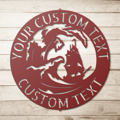 A personalized custom captain sign with a ship in the middle, perfect as metal family wall art.