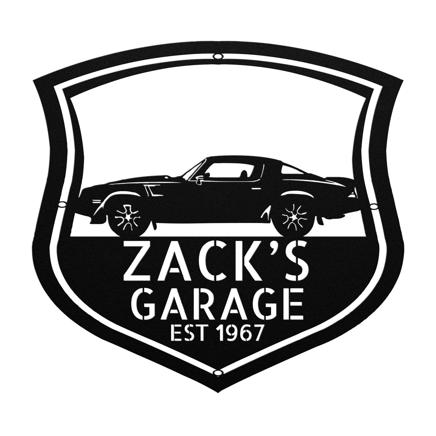 A custom vintage car monogram sign featuring a 1978 Chevrolet Camaro Z28 on a brick wall.