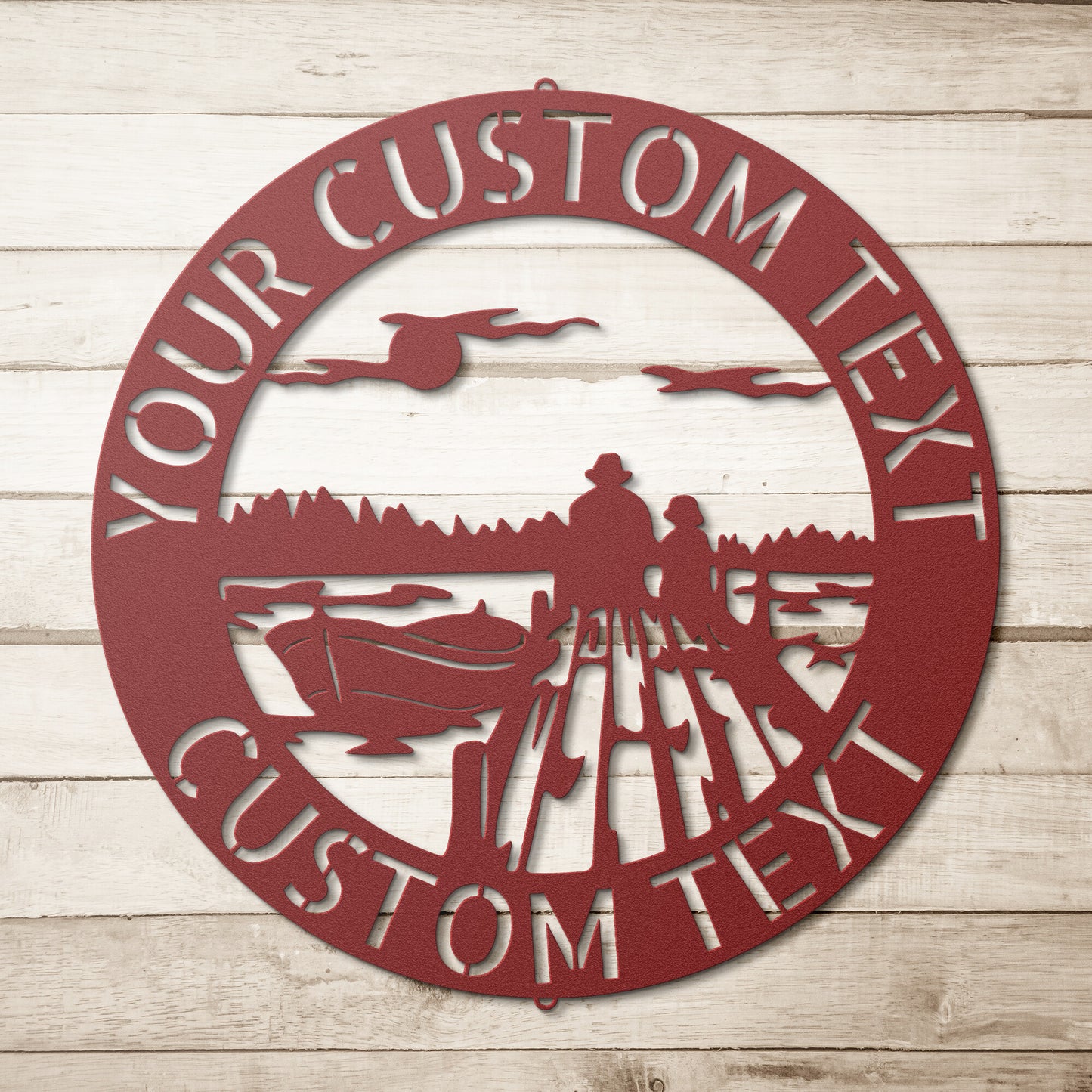 A CUSTOM LAKEHOUSE SIGN - Father and Son Metal Monogram Family Decor with a picture of a boat on it.