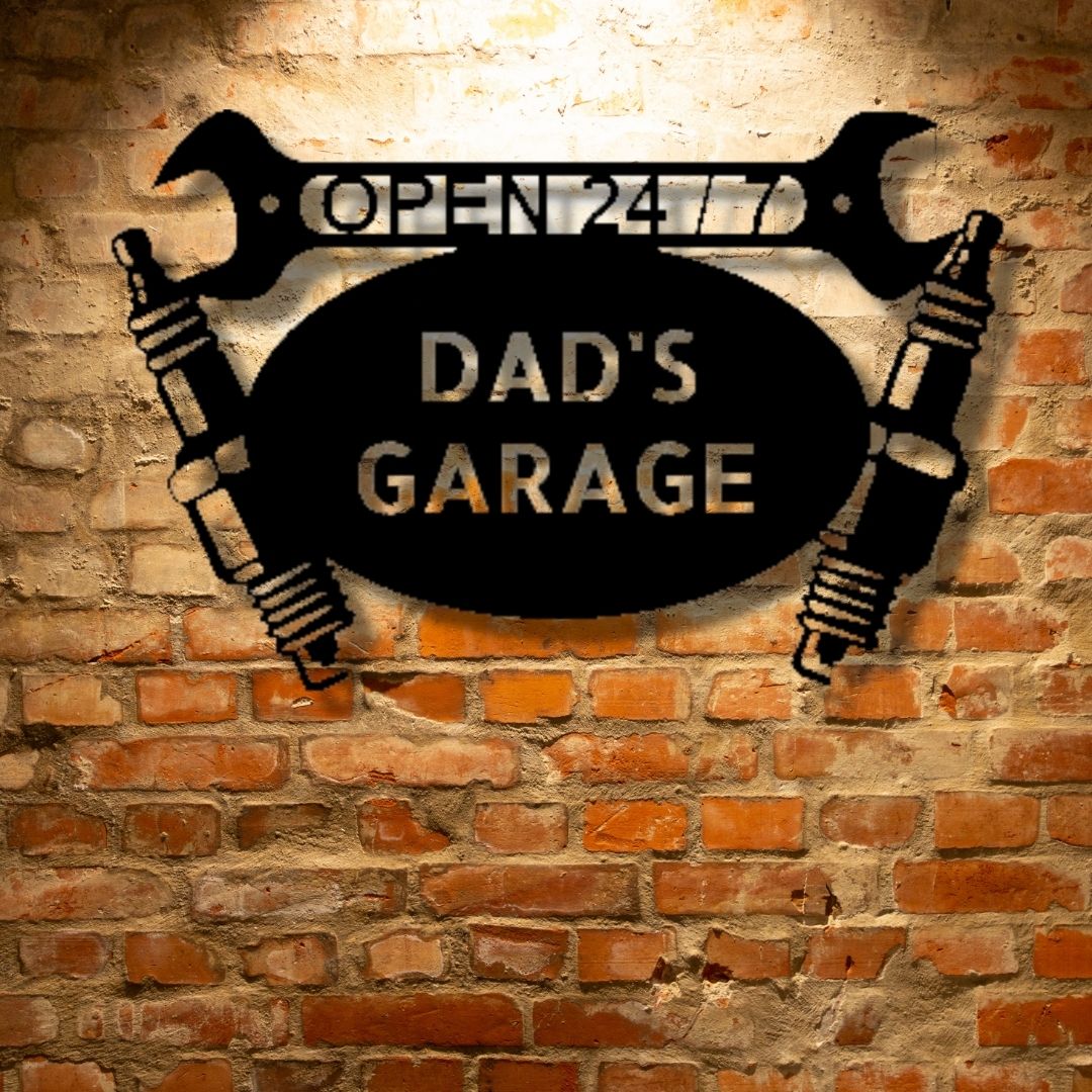 Dad's PERSONALIZED Retro Garage Sign with wrenches on a brick wall.