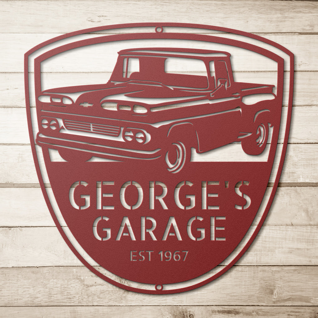 George's CLASSIC CAR SIGN - Custom Car Chevrolet C10 1960 Steel Monogram garage metal sign with a powder-coated finish.