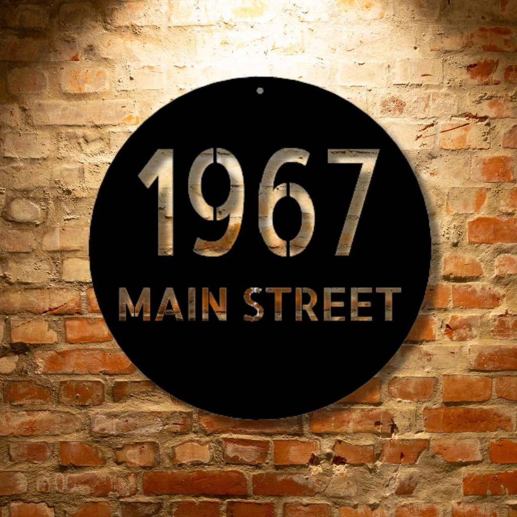 A PERSONALIZED Circle Metal Wall Art Decor with the word main street, perfect for Unique Metal Art Gifts.