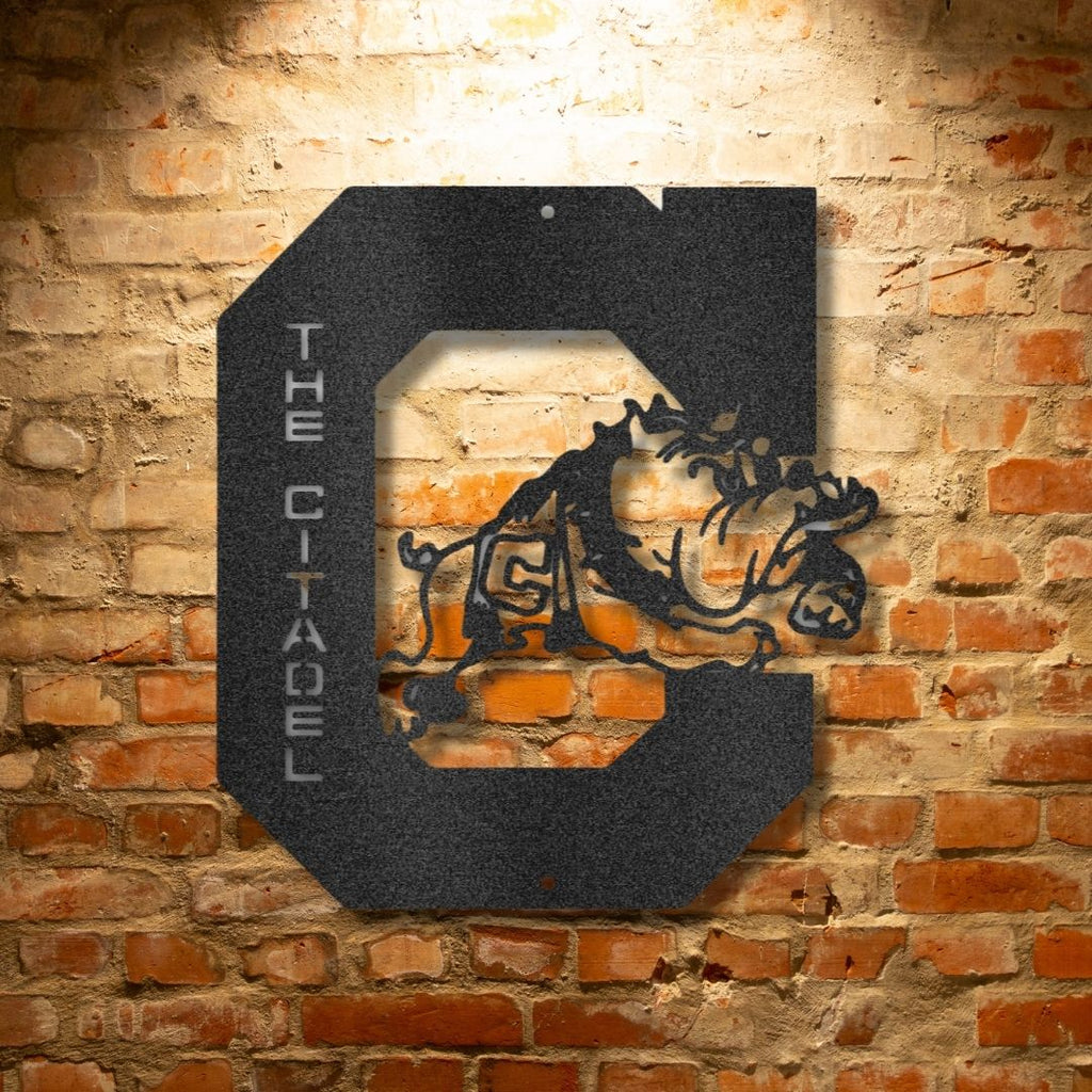 A personalized metal wall art decor featuring a custom handmade design of the Citadel Bulldog.