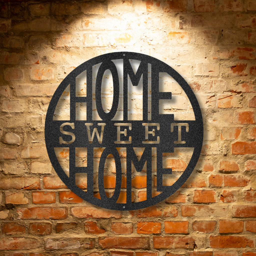 A durable steel sign with personalized family monogram, hanging on a brick wall.