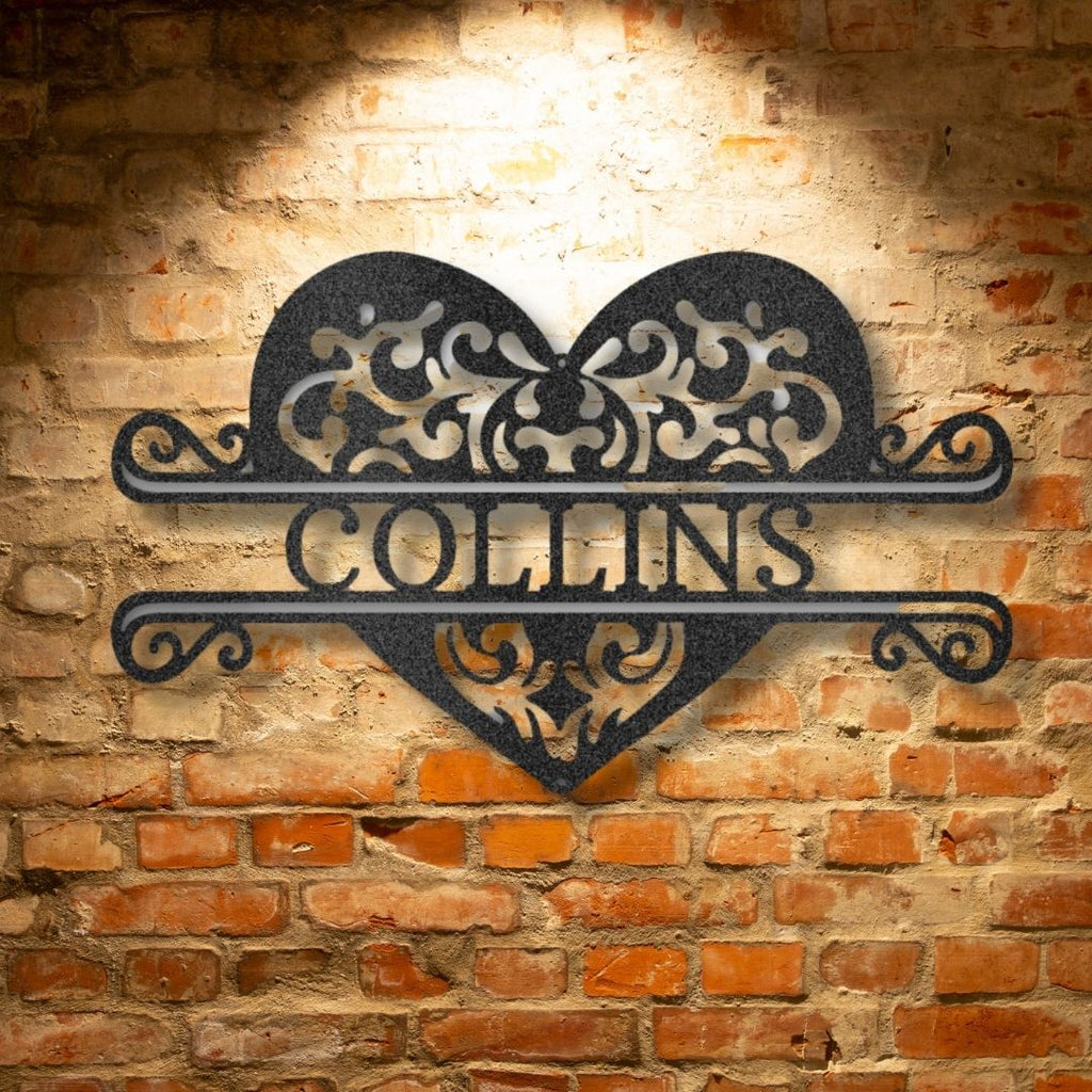A Unique Metal Wall Art Decor - Fancy Heart Monogram Steel Sign with the name Collins on it.