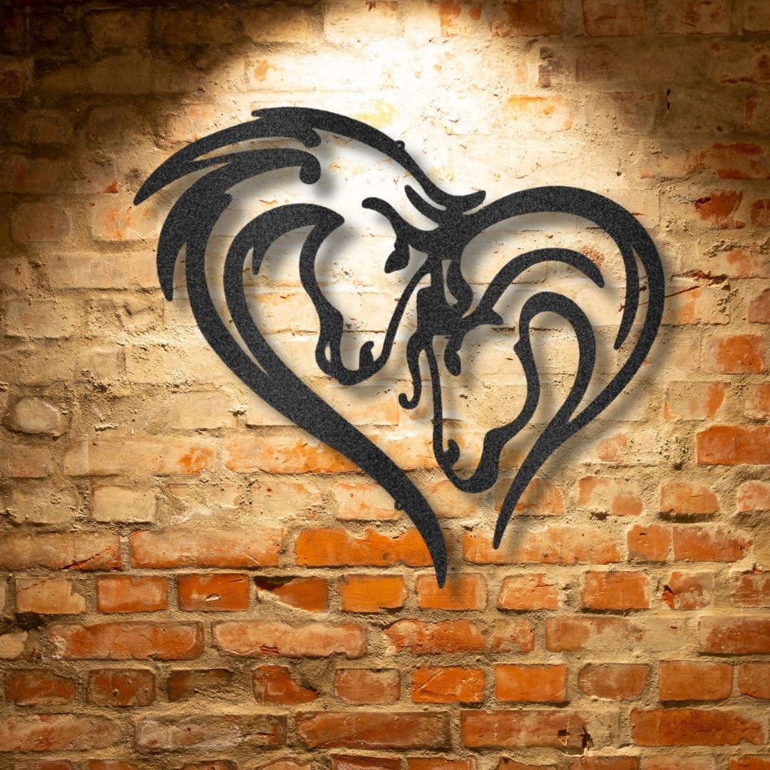 Custom-made horse-themed metal wall art decor featuring steel signs in the shape of a heart, perfect for showcasing your love for horses on a brick wall.