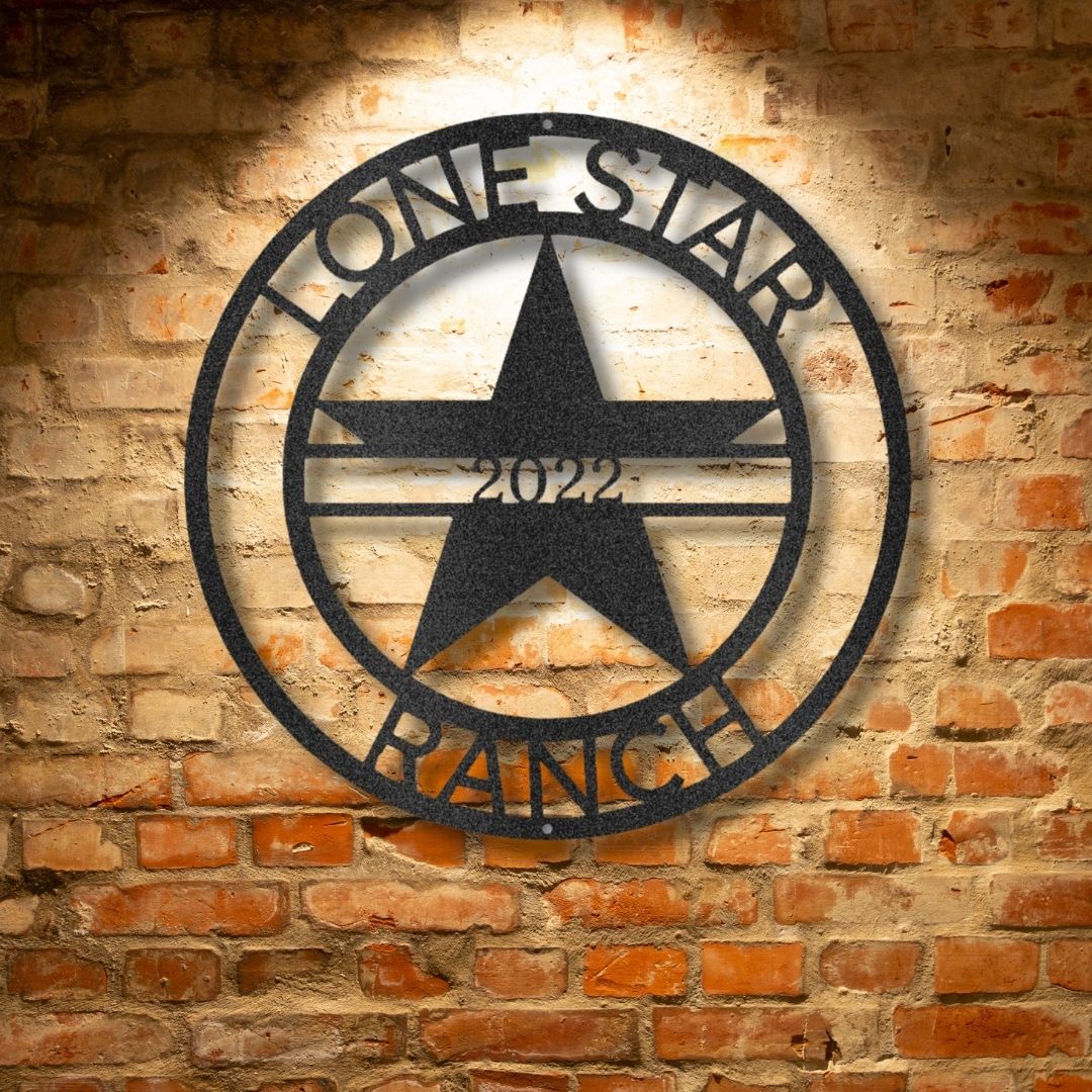 A personalized LoneStar 1 Monogram - Steel Sign on a brick wall.