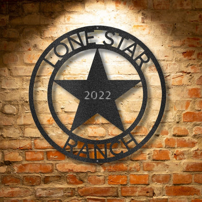 A LoneStar 2 Monogram - Steel Sign on a brick wall, adding an elegant touch to your family decor.