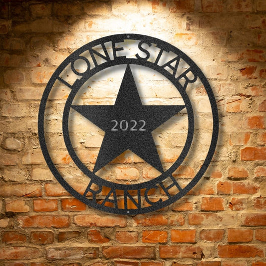 A LoneStar 2 Monogram - Steel Sign on a brick wall, adding an elegant touch to your family decor.