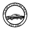 A black and white image of a CUSTOM CAR SIGN - Steel Monogram Garage Decor in a circle.