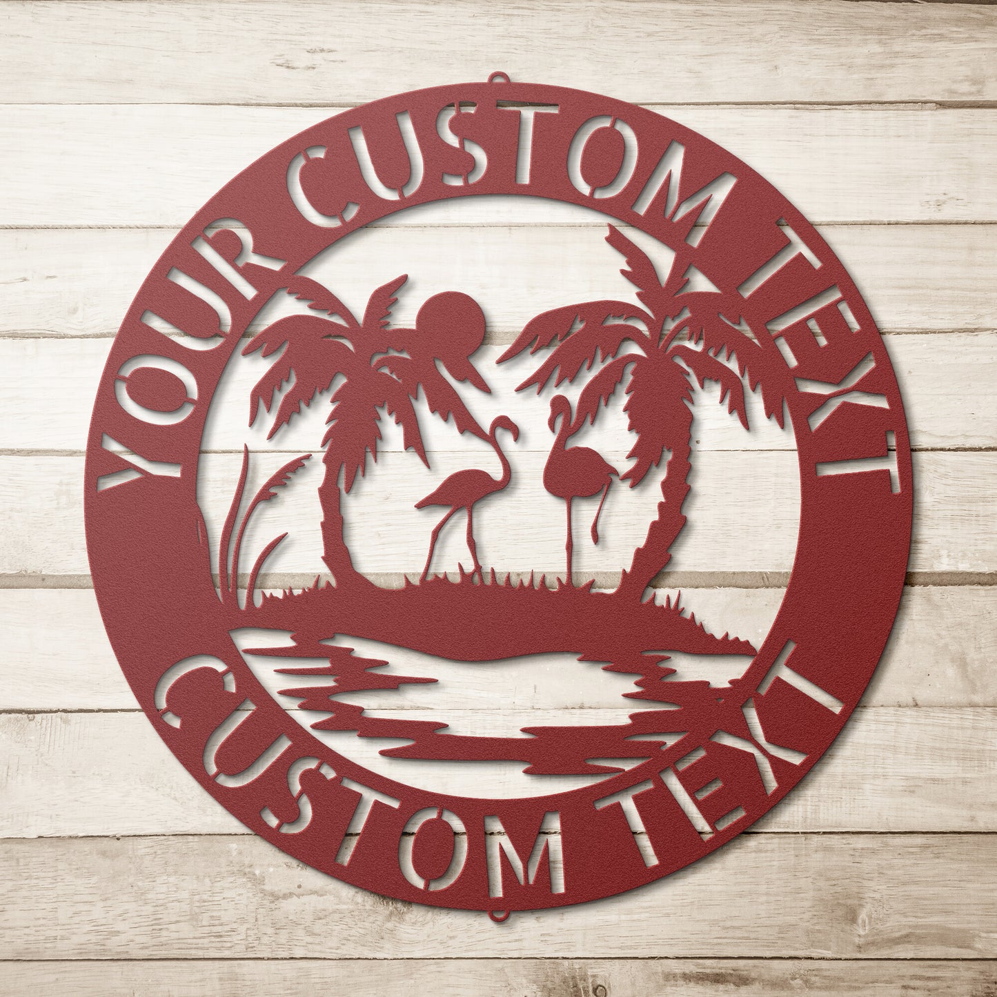 A Custom Flamingo Sign with palm trees and flamingos, perfect for Elegant Family Sign Decor.