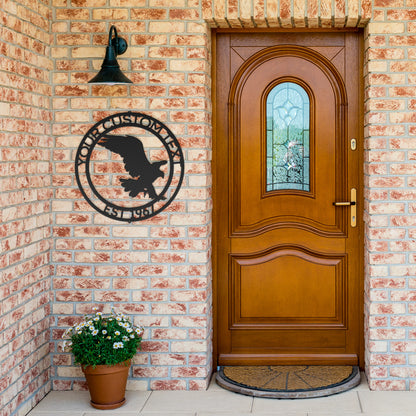 A CUSTOM EAGLE SIGN with an Elegant Family Sign Decor on a wood surface.